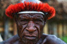 Dani man with traditional feather headdress, Baliem valley, West Papua